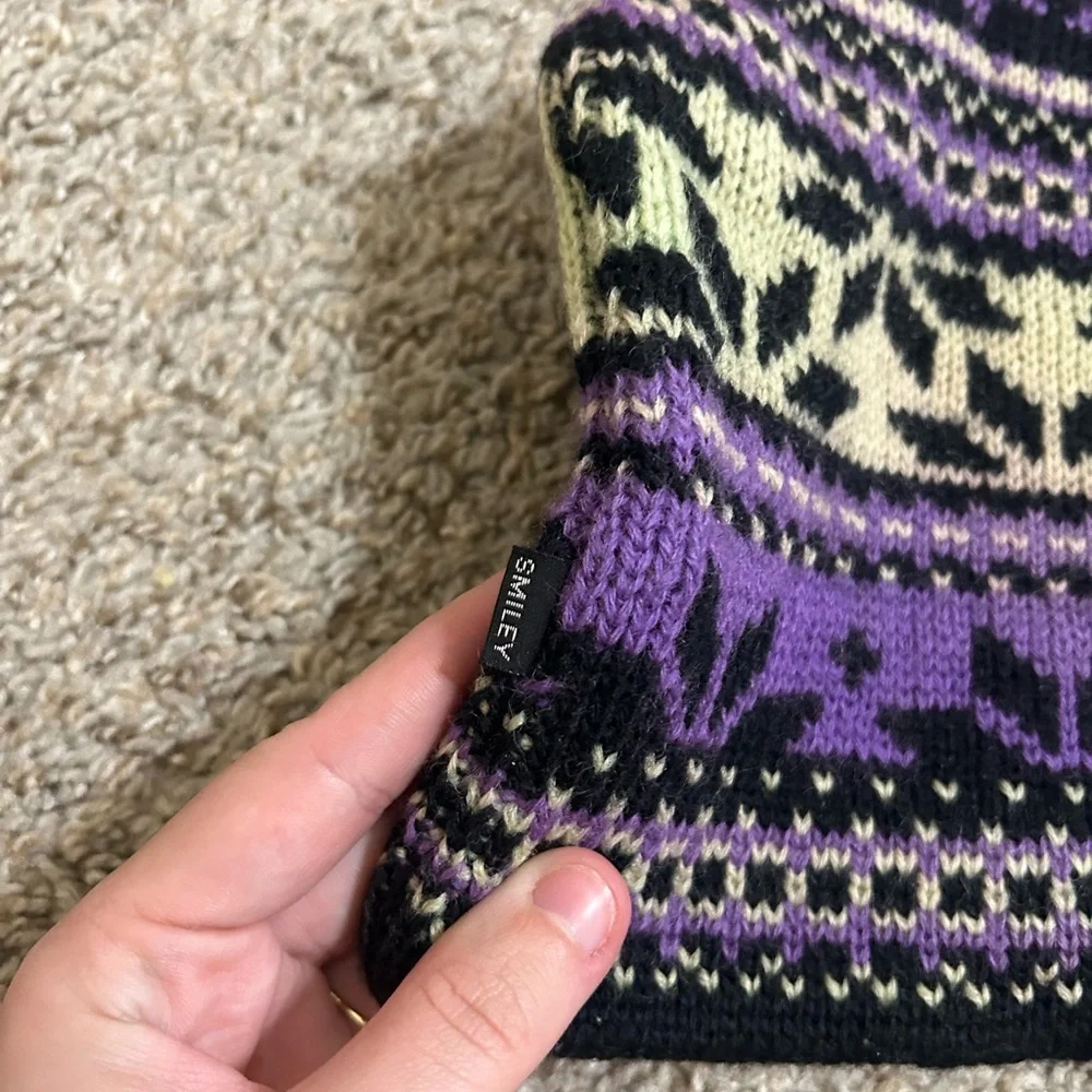 Smiley Purple, Black & Cream Patterned Knit Beanie Pure Wool Cotton Spandex USA